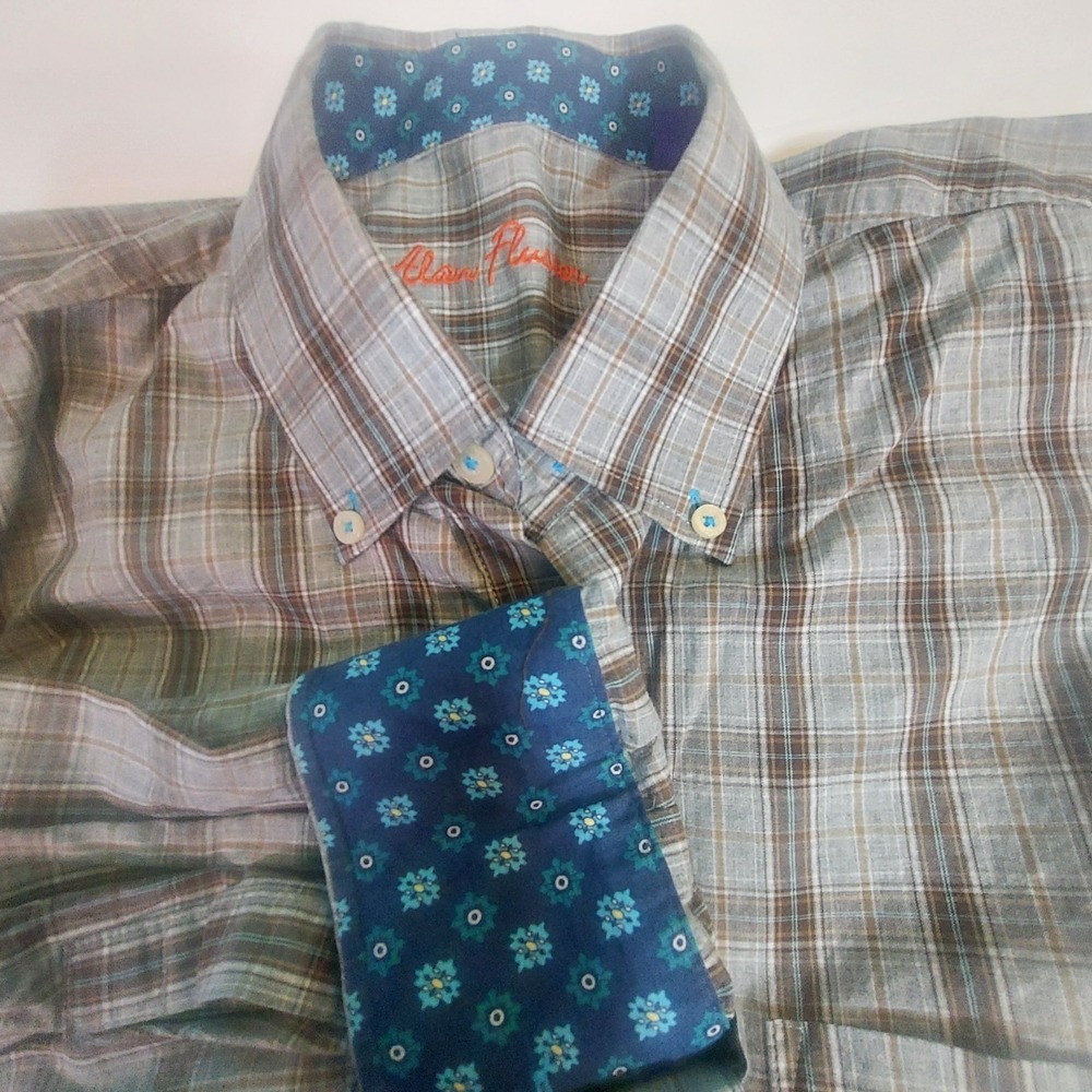 Alan Flusser Mens Plaid Colorful Button Down‎ Spring Summer Shirt, L Long Sleeve
